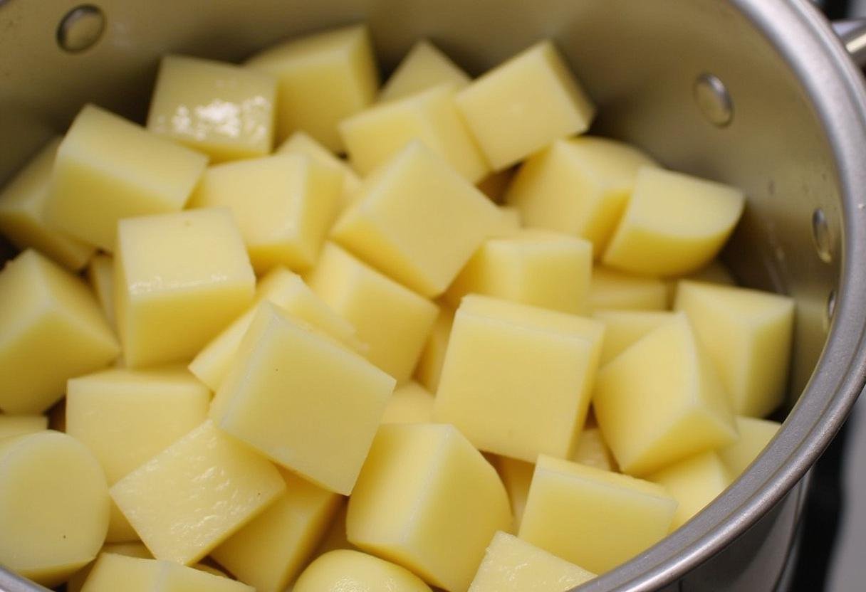 Pommes de terre en dés bouillies dans une casserole d'eau salée, prêtes à être égouttées pour la salade de pomme de terre aux harengs.