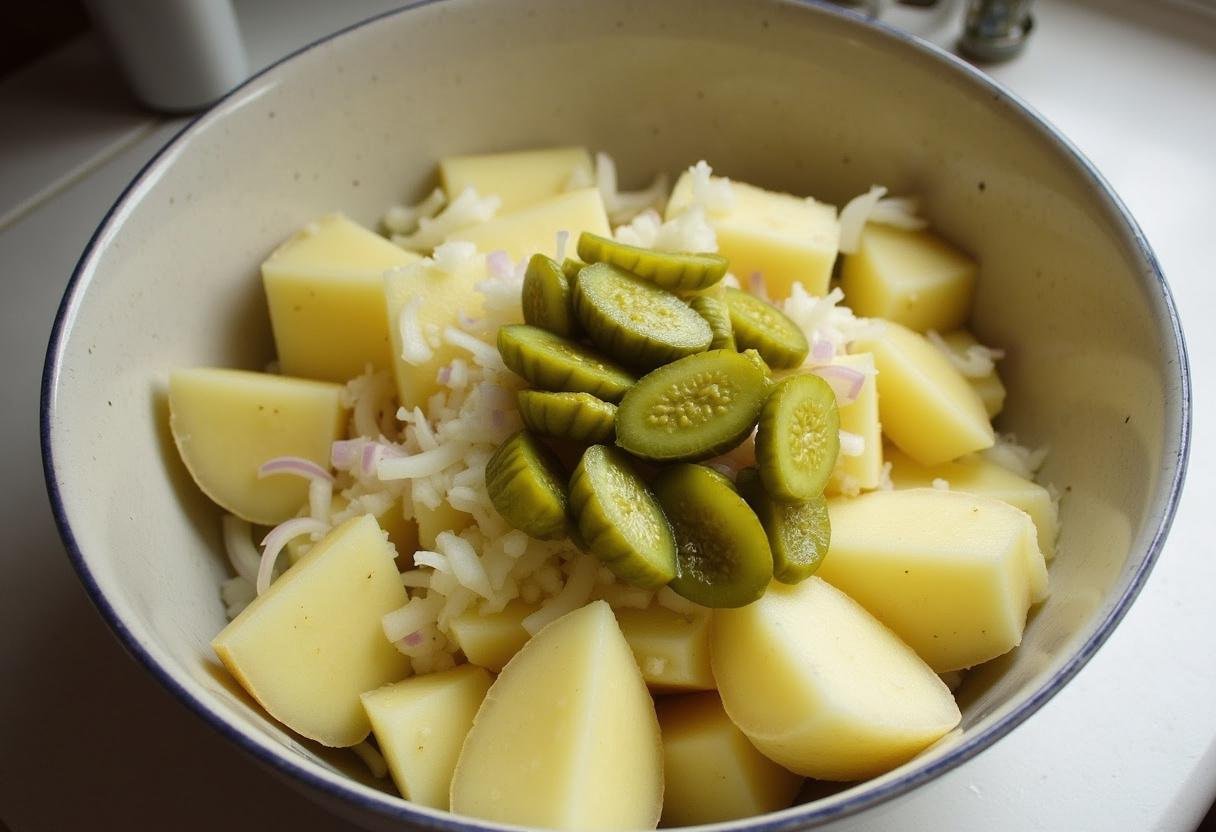 Mélange des pommes de terre froides, oignons hachés, cornichons et harengs en dés dans un bol pour réaliser la salade de pomme de terre et hareng.
