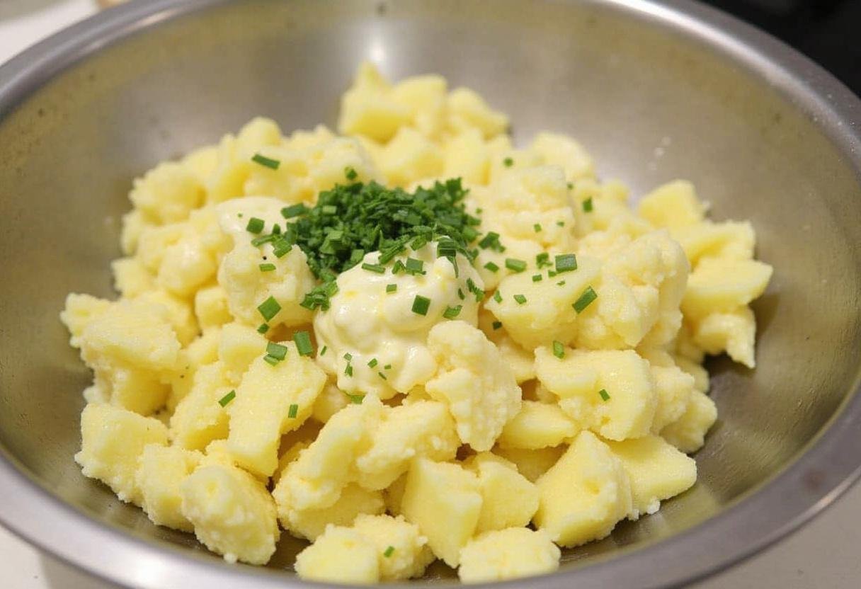 Préparation de la vinaigrette avec de la crème aigre, de la moutarde, du jus de citron et des herbes hachées pour assaisonner la salade de pomme de terre aux harengs.