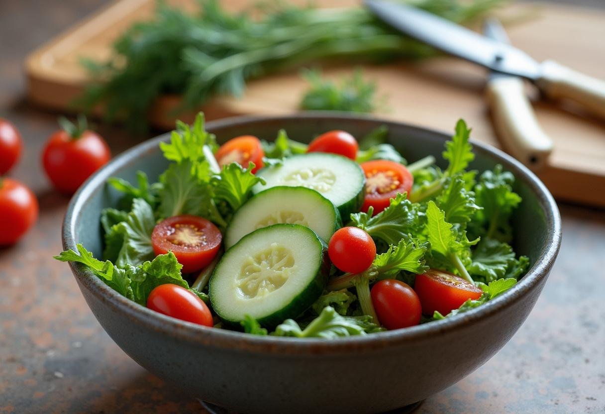 Préparation d'une salade saumon fraîche avec des légumes croquants et de l'aneth.