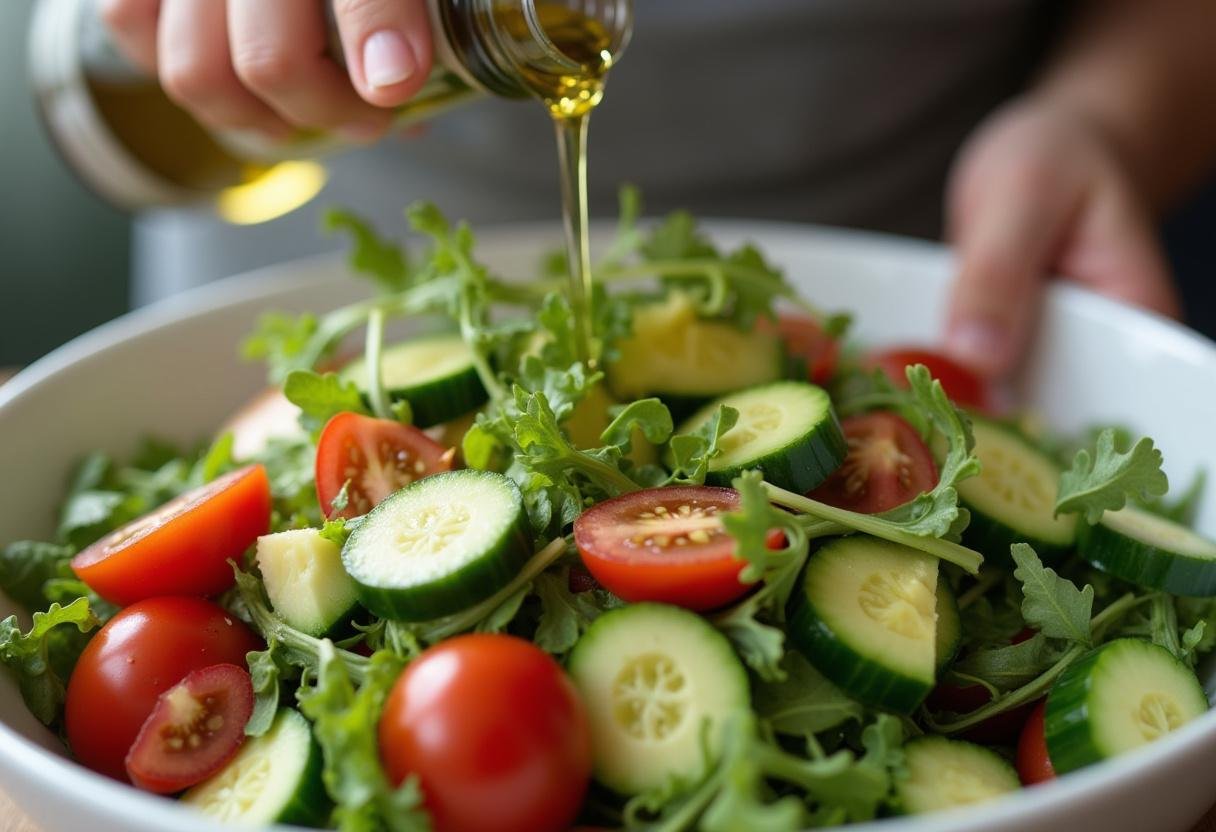 Mélanger les ingrédients croquants pour une salade saumon parfaitement équilibrée.