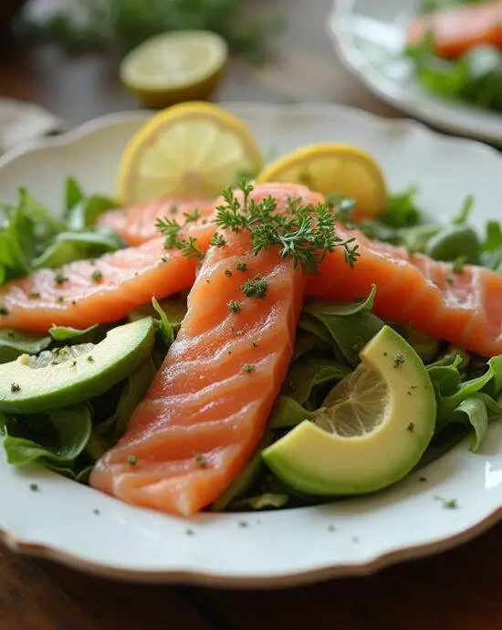 Présentation finale de la salade au saumon fumé et avocat, un plat frais et coloré.