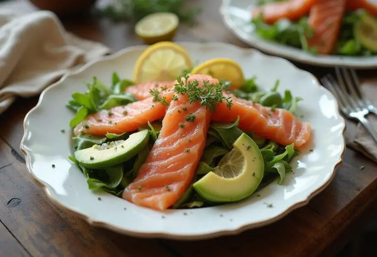Présentation finale de la salade au saumon fumé et avocat, un plat frais et coloré.