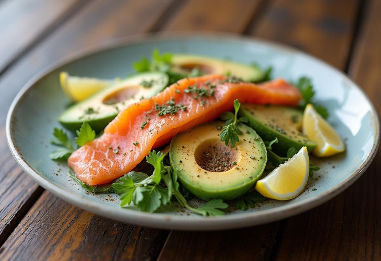 Présentation finale de la salade au saumon fumé et avocat, un plat frais et coloré.