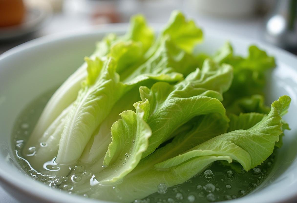 Préparation de la salade au saumon fumé avec de la laitue fraîche et croquante.