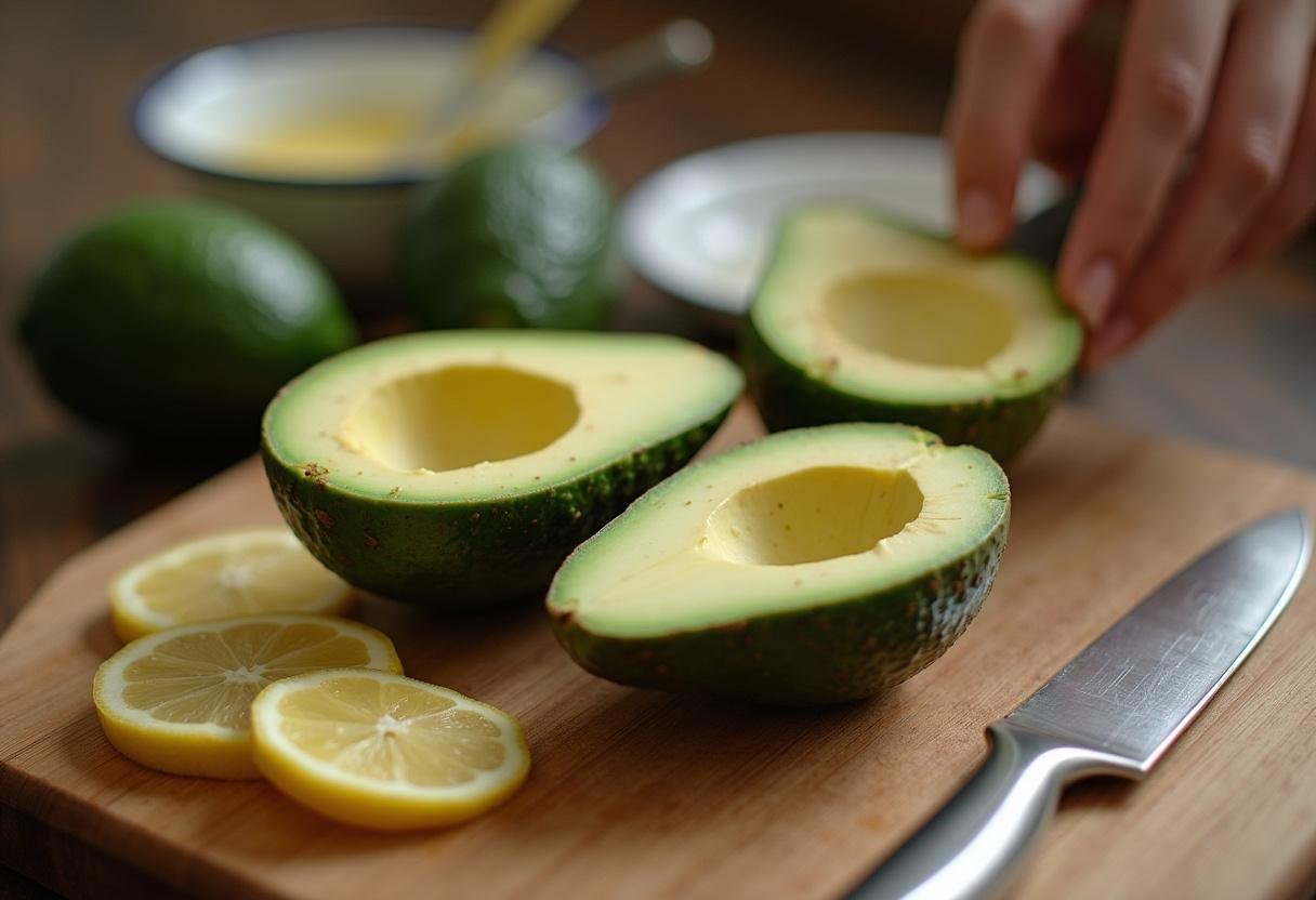 Préparation des avocats pour la salade saumon fumé, montrant des tranches d'avocat parfaites.