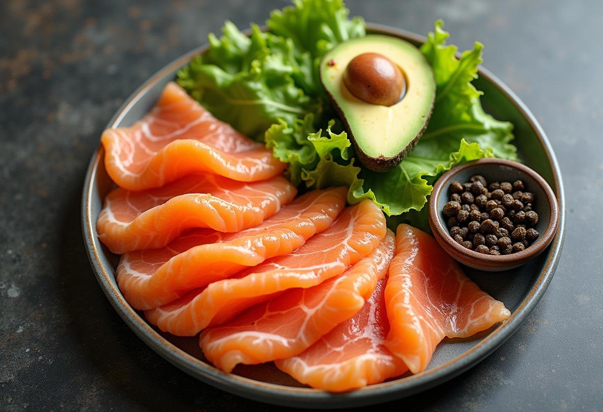 Assemblage des ingrédients de la salade avocat saumon fumé avec du saumon fumé délicatement disposé.