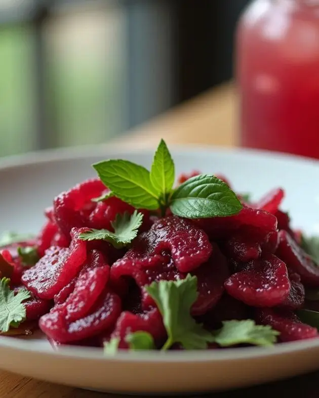 Présentation finale d'une salade de betterave rouge cuite avec des couleurs éclatantes et une boisson rafraîchissante.