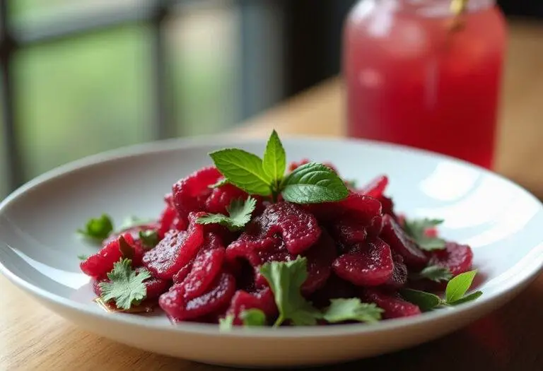 Présentation finale d'une salade de betterave rouge cuite avec des couleurs éclatantes et une boisson rafraîchissante.