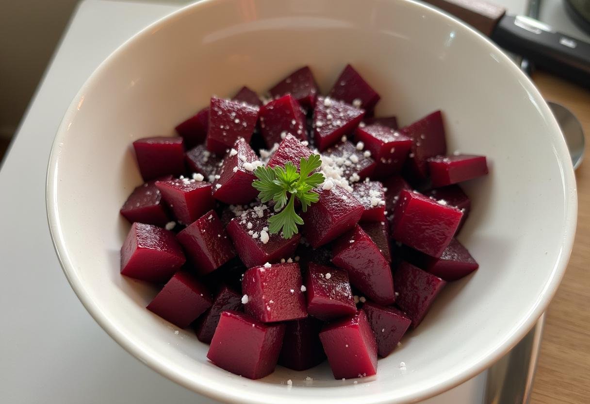 Préparation d'une salade de betterave rouge cuite avec des betteraves coupées, sel et herbes fraîches.