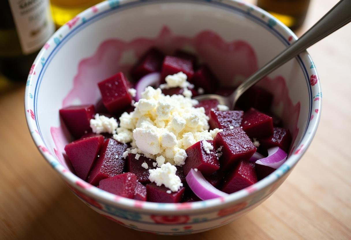 Mélange de betteraves rouges, oignons rouges et fromage feta pour une salade au betterave rouge.