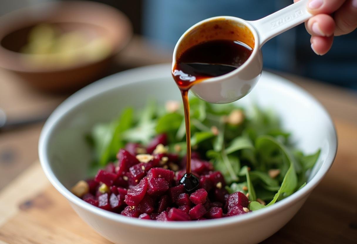 Ajout de vinaigre balsamique à la salade betterave rouge pour rehausser les saveurs.