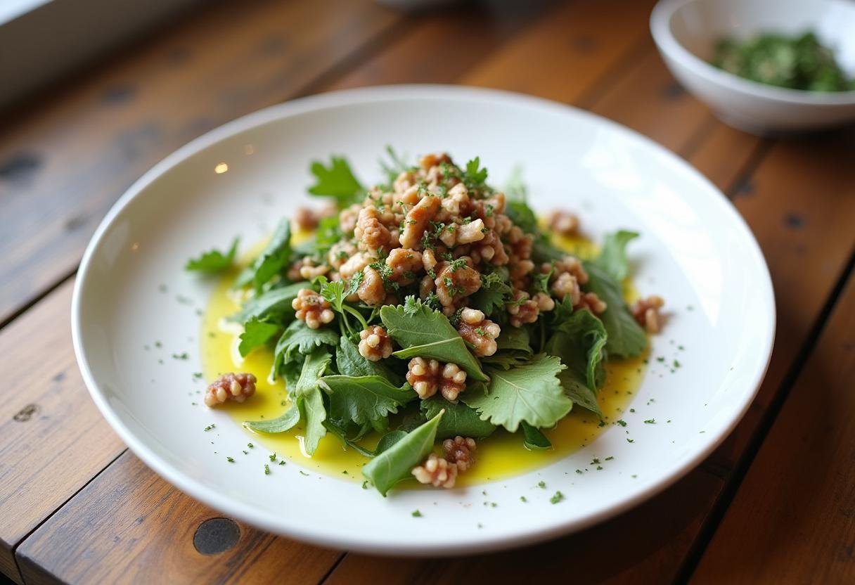 Salade de betterave rouge cuite sur une assiette blanche, garnie de noix et d'herbes fraîches.