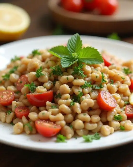 Salade de blé gourmande joliment présentée, parfaite pour un repas savoureux.