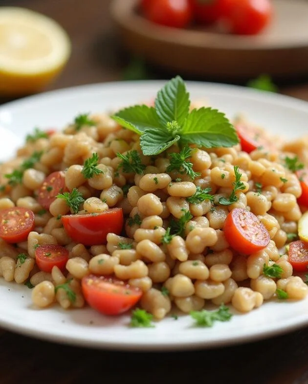 Salade de blé gourmande joliment présentée, parfaite pour un repas savoureux.