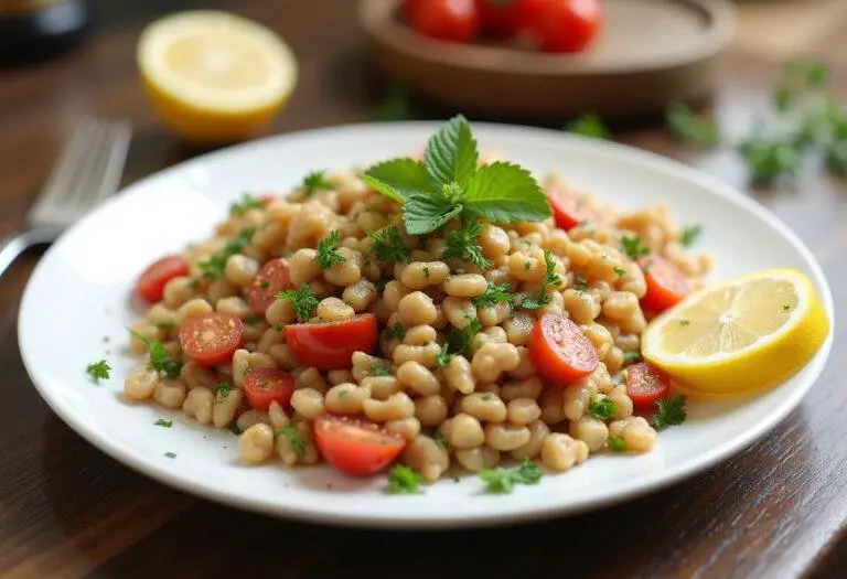Salade de blé gourmande joliment présentée, parfaite pour un repas savoureux.