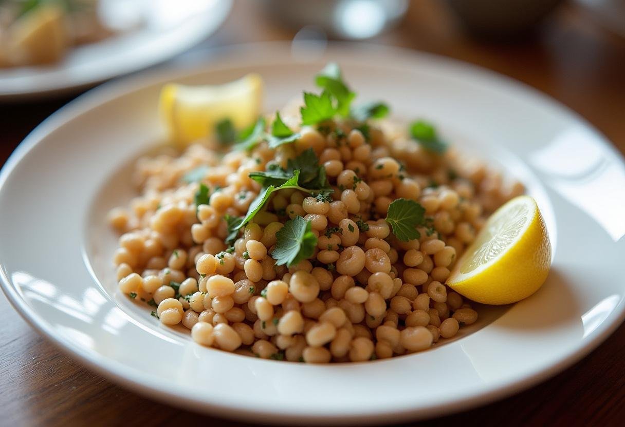 Salade de blé gourmande joliment présentée, parfaite pour un repas savoureux.
