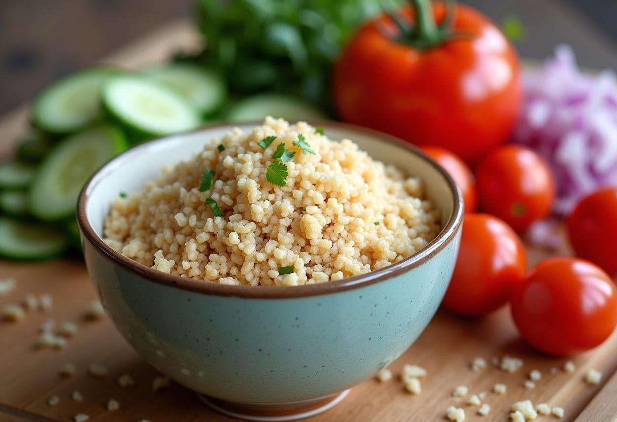 Bowl de blé cuit entouré de légumes frais pour une salade de blé gourmande.