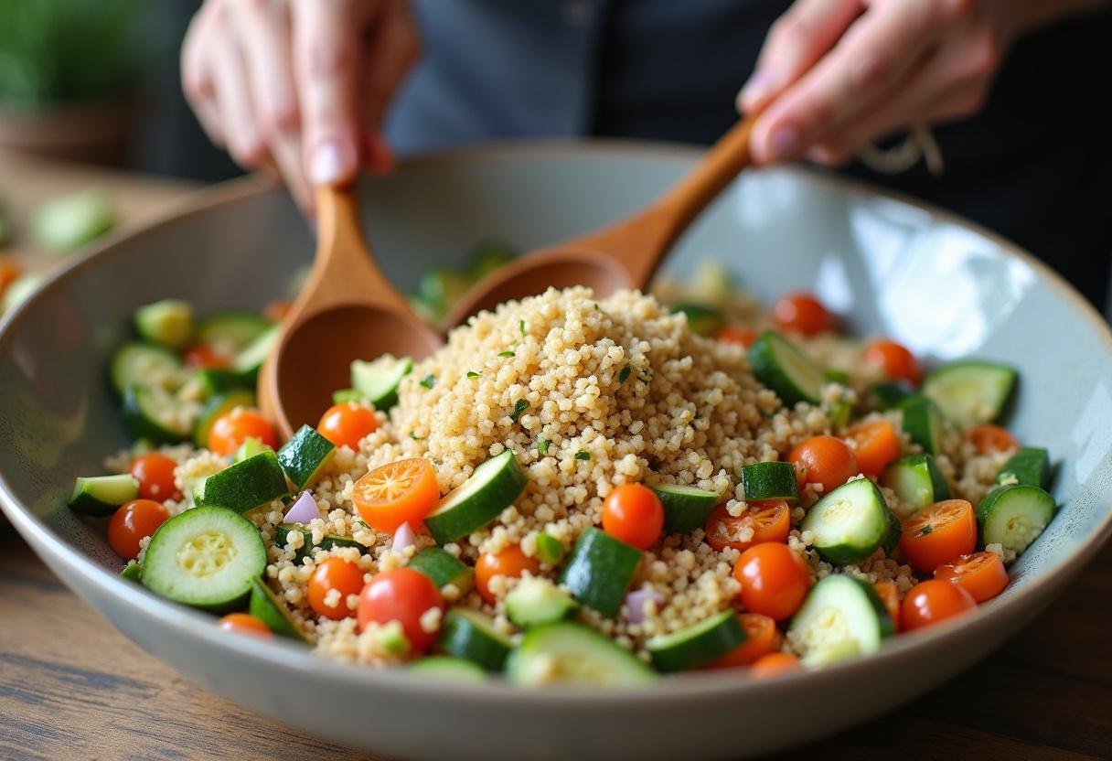 Mélange de blé et de légumes frais en préparation pour une délicieuse salade de blé.