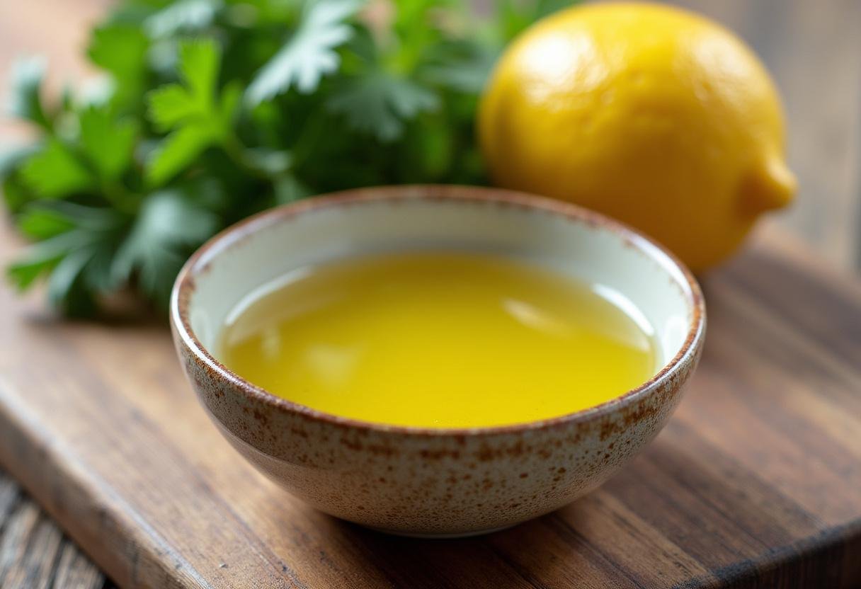 Bol d'huile d'olive et de jus de citron préparant l'assaisonnement pour la salade de blé gourmande.