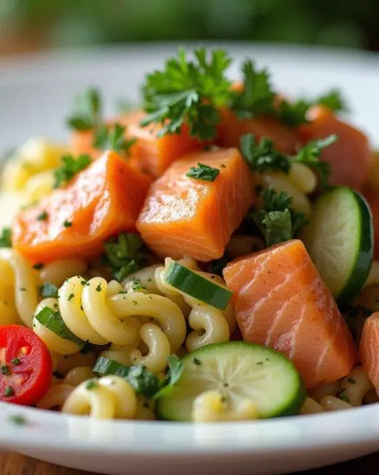Présentation finale d'une salade de pâtes et saumon fumé avec des herbes fraîches pour une belle recette de salade.