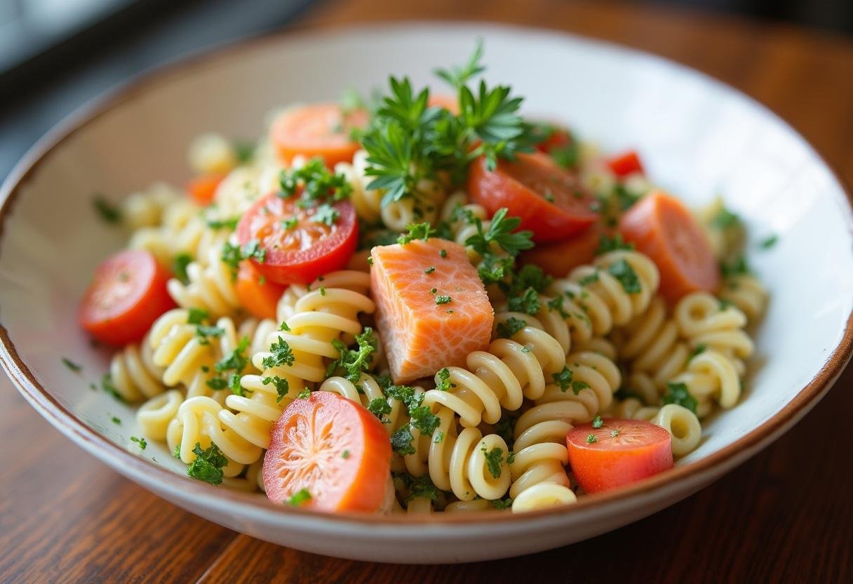 Présentation finale d'une salade de pâtes et saumon fumé avec des herbes fraîches pour une belle recette de salade.