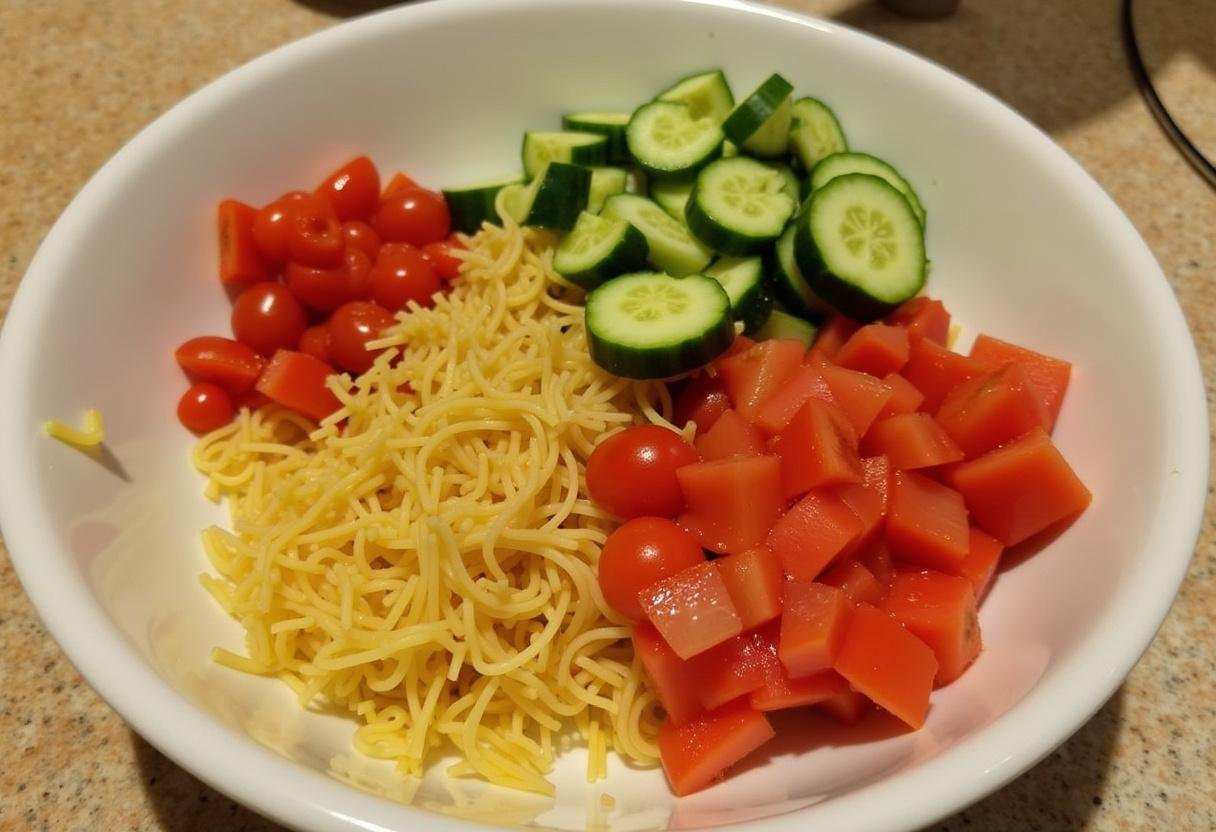 Ajout de légumes frais à la salade de pâtes et saumon fumé, tels que tomates cerises et concombres.