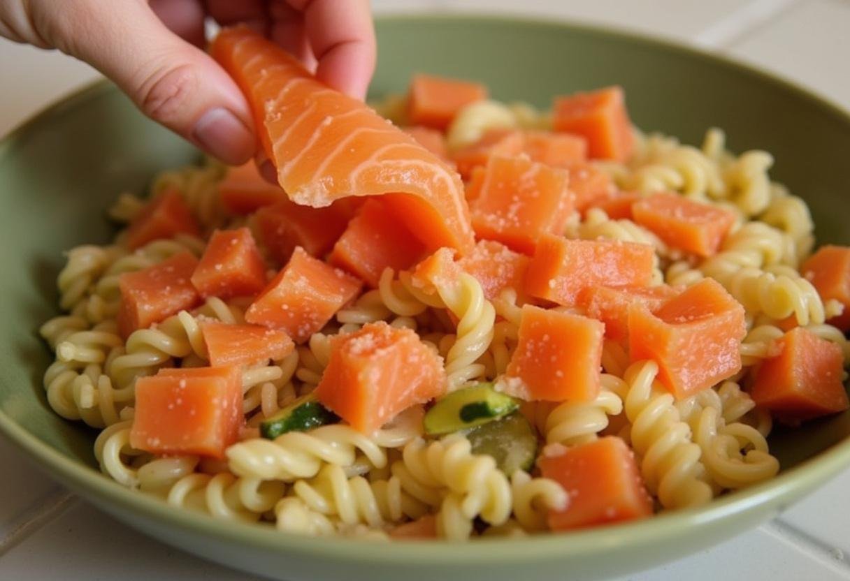 Incorporation du saumon fumé dans une salade de pâtes savoureuse avec des légumes.
