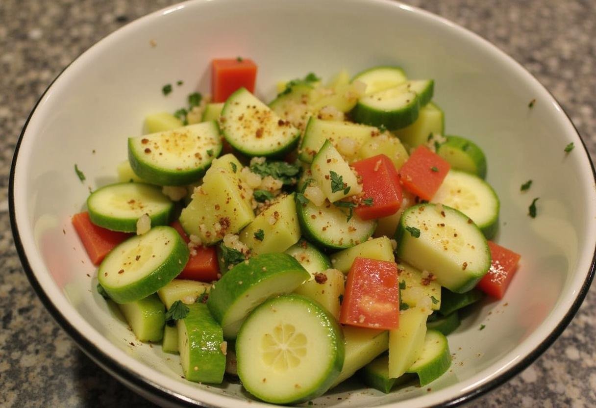 Préparation de la vinaigrette pour la salade de pâtes et saumon fumé, mélangée délicatement.