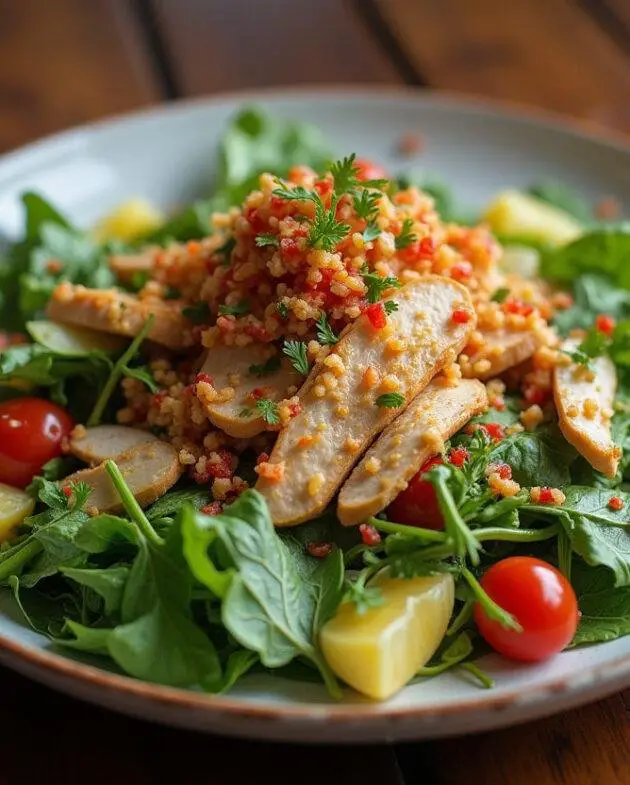 Présentation d'une salade de poulet variée délicieuse sur une table en bois rustique.