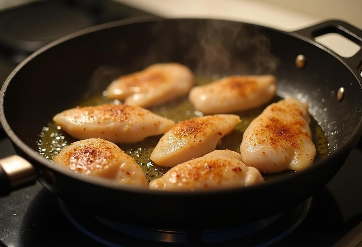 Poultry pour salade en train de cuire dans une poêle avec de l'huile d'olive et des épices.