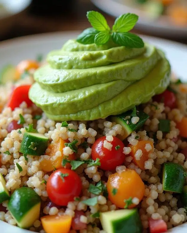 Salade de quinoa gourmande joliment présentée, pleine de couleurs vibrantes avec de l'avocat et des herbes fraîches.