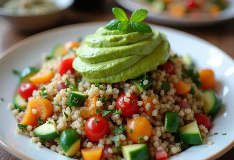 Salade de quinoa gourmande joliment présentée, pleine de couleurs vibrantes avec de l'avocat et des herbes fraßches.