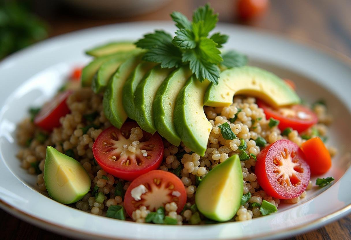Salade de quinoa gourmande joliment présentée, pleine de couleurs vibrantes avec de l'avocat et des herbes fraßches.