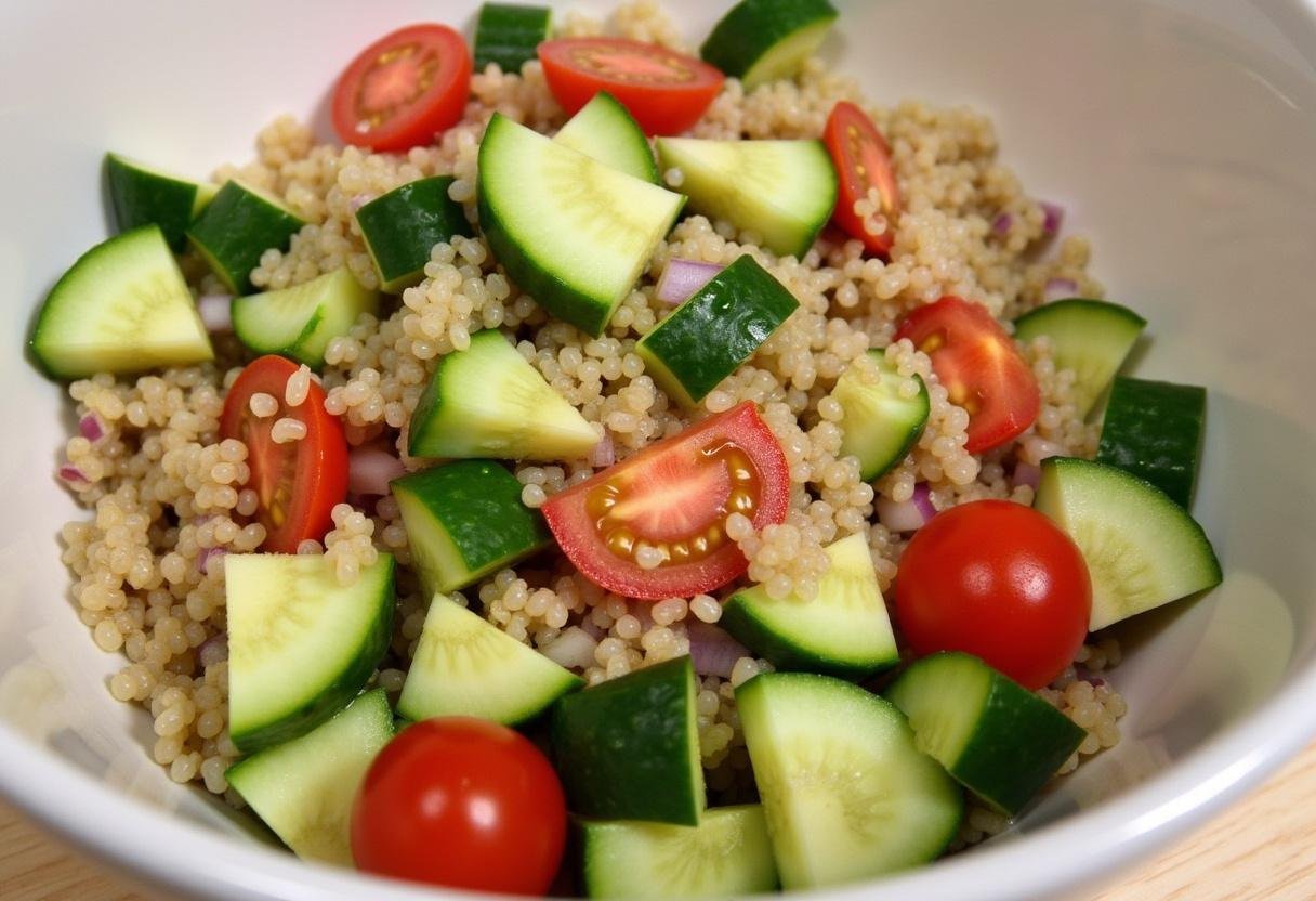 Préparation des ingrédients pour la salade de quinoa, mélange de quinoa cuit, concombres en dés, tomates cerises et oignon rouge haché.