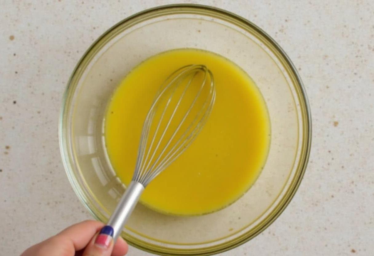 Préparation de la vinaigrette avec de l'huile d'olive, du jus de citron, du sel et du poivre pour assaisonner la salade de quinoa.