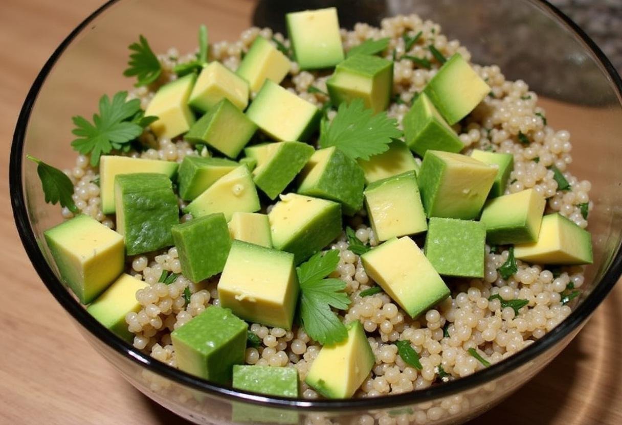 Ajout d'avocat en dés et d'herbes fraßches hachées à la salade de quinoa pour une touche de fraßcheur.