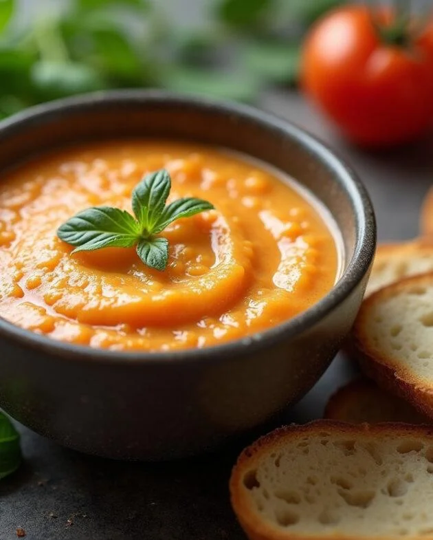 Sauce au fromage blanc terminée présentée dans un petit bol, entourée d'herbes fraîches et d'une tranche de pain croûté.