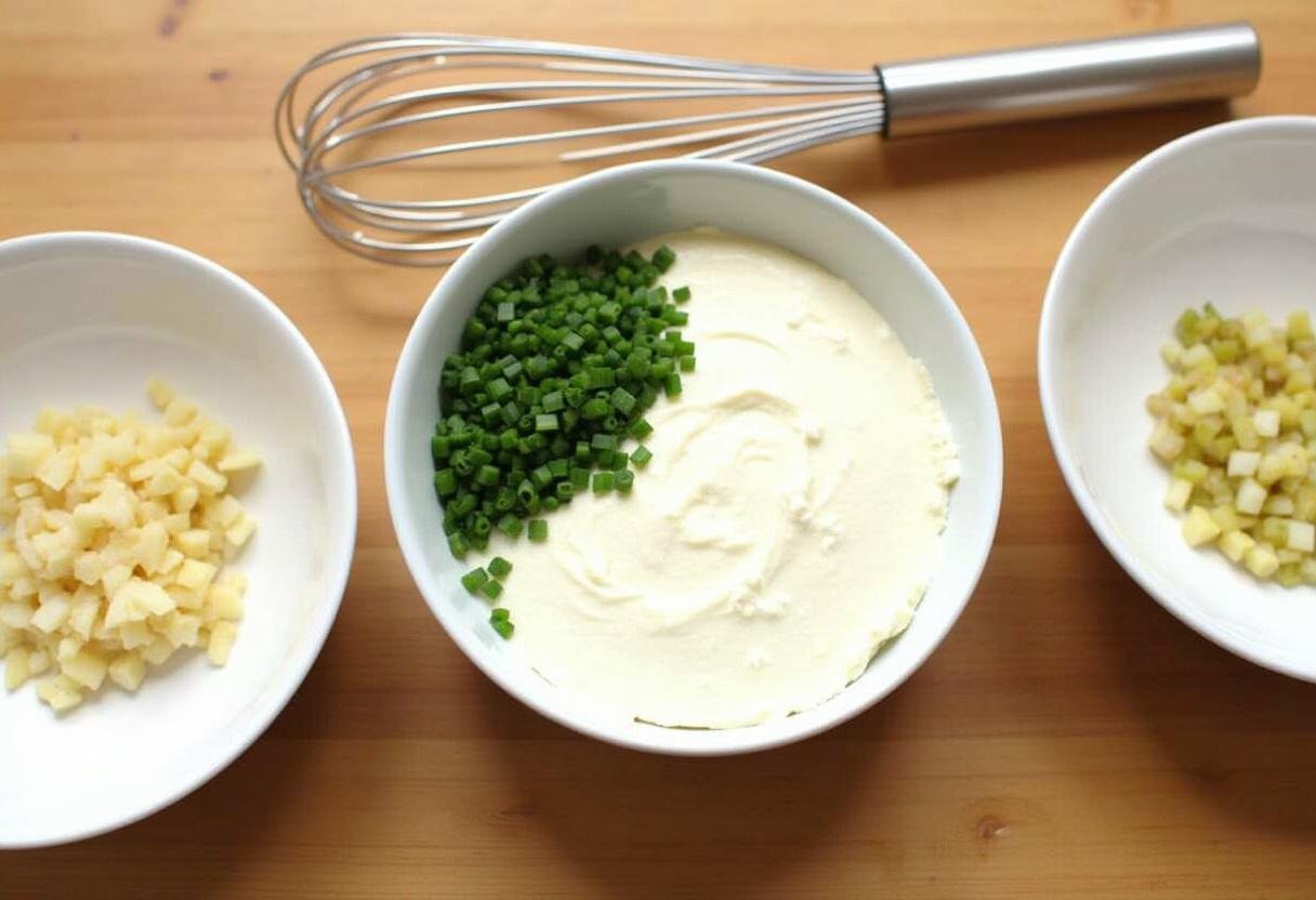 Préparation de la sauce au fromage blanc avec fromage blanc, ciboulette hachée et échalotes émincées sur un plan de travail en bois.