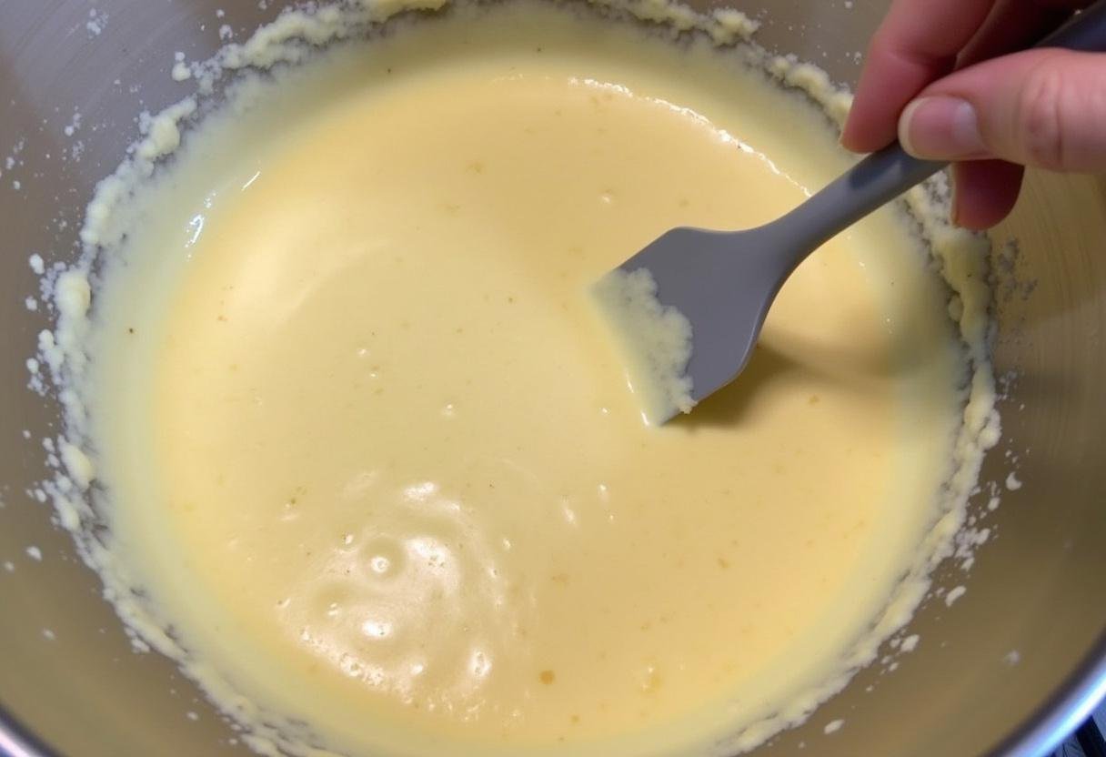 Mélange délicat de la sauce fromage blanc avec une spatule, montrant une consistance crémeuse dans un bol.