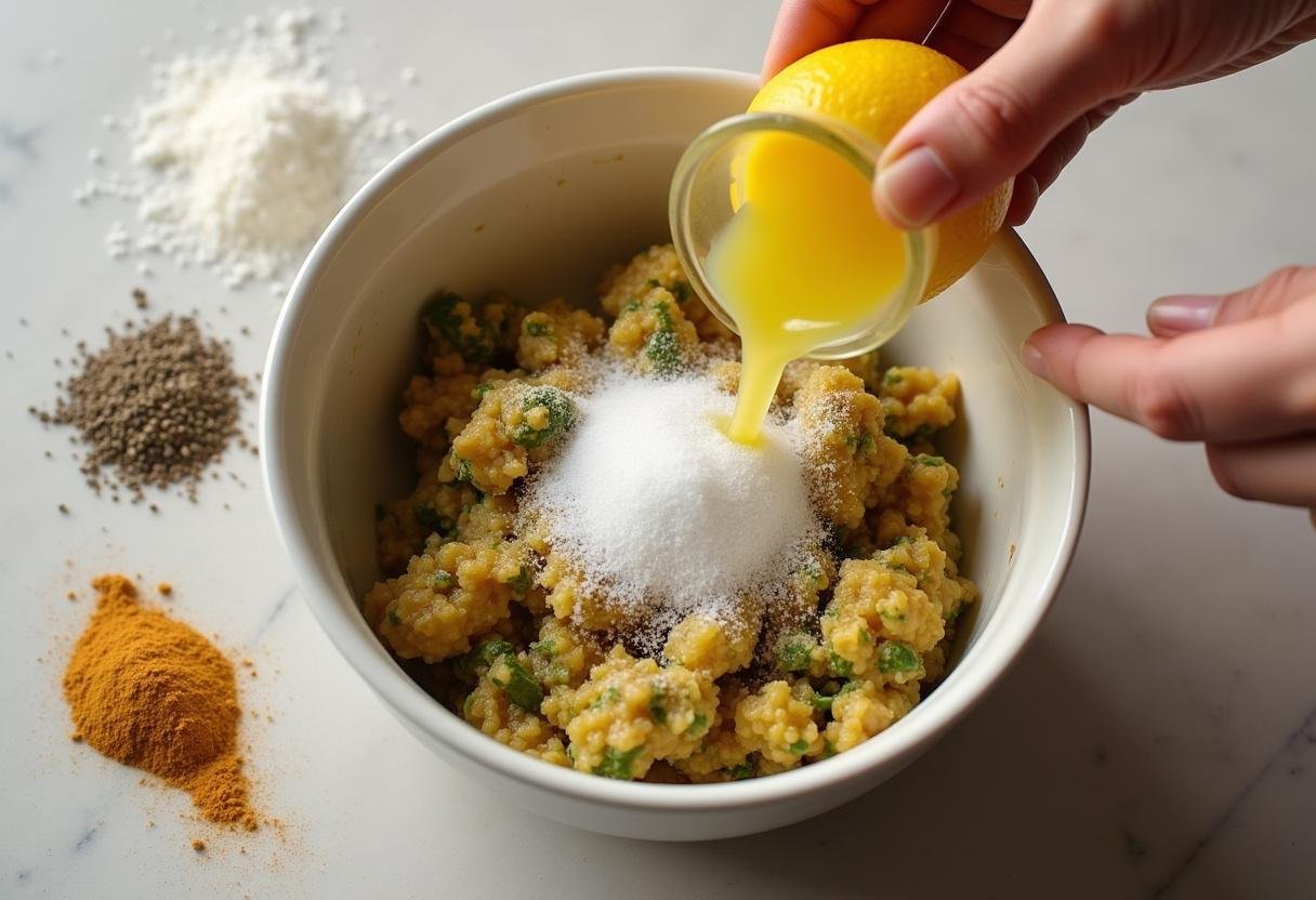Assaisonnement de la sauce au fromage blanc avec du sel, du poivre et du jus de citron frais, avec des épices sur la table.