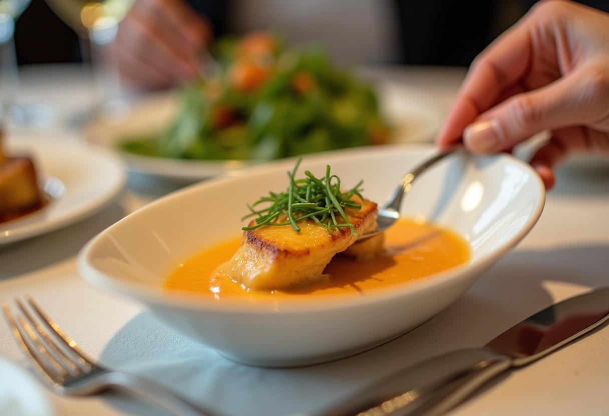 Présentation de la sauce fromage blanc dans un plat de service, garnie de ciboulette fraîche sur une table élégamment dressée.