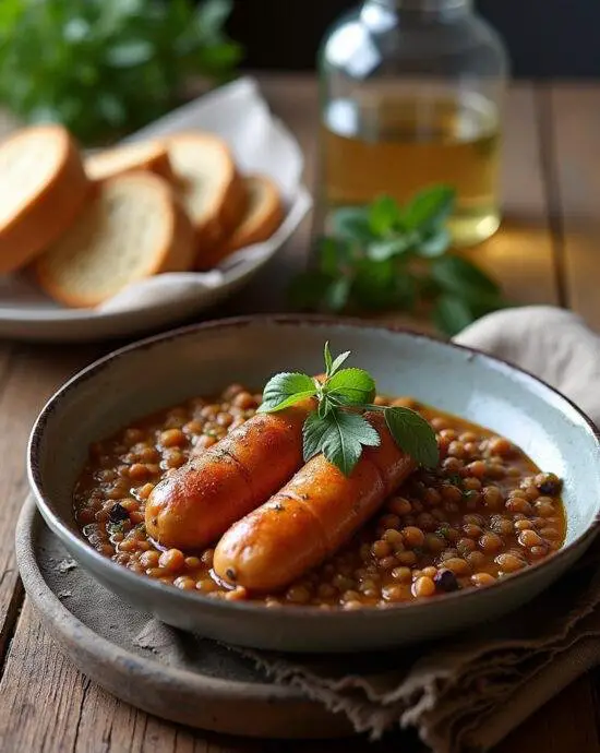 Présentation des saucisses lentilles au Thermomix, servies avec du pain croustillant.