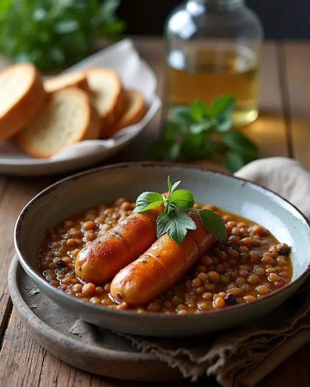 Présentation des saucisses lentilles au Thermomix, servies avec du pain croustillant.
