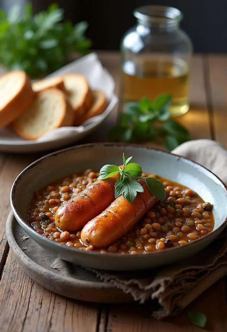 Présentation des saucisses lentilles au Thermomix, servies avec du pain croustillant.