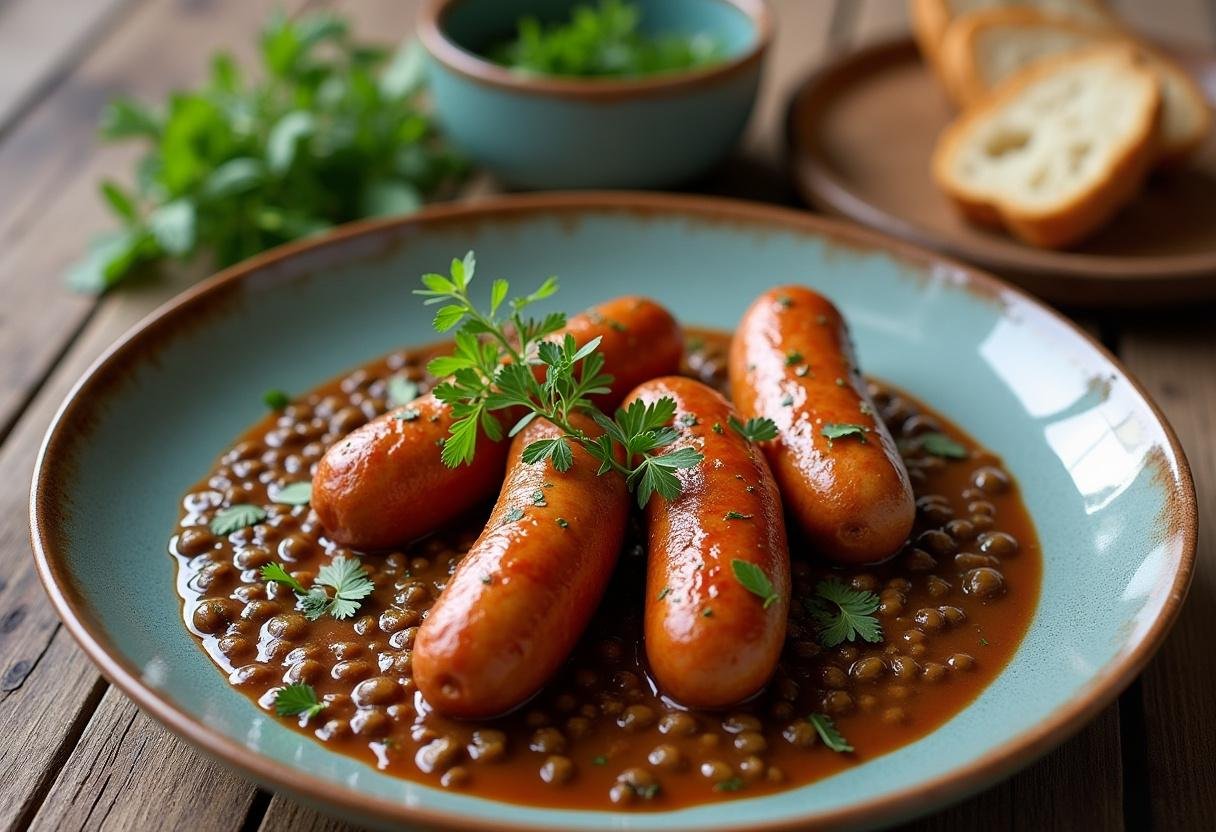Présentation des saucisses lentilles au Thermomix, servies avec du pain croustillant.