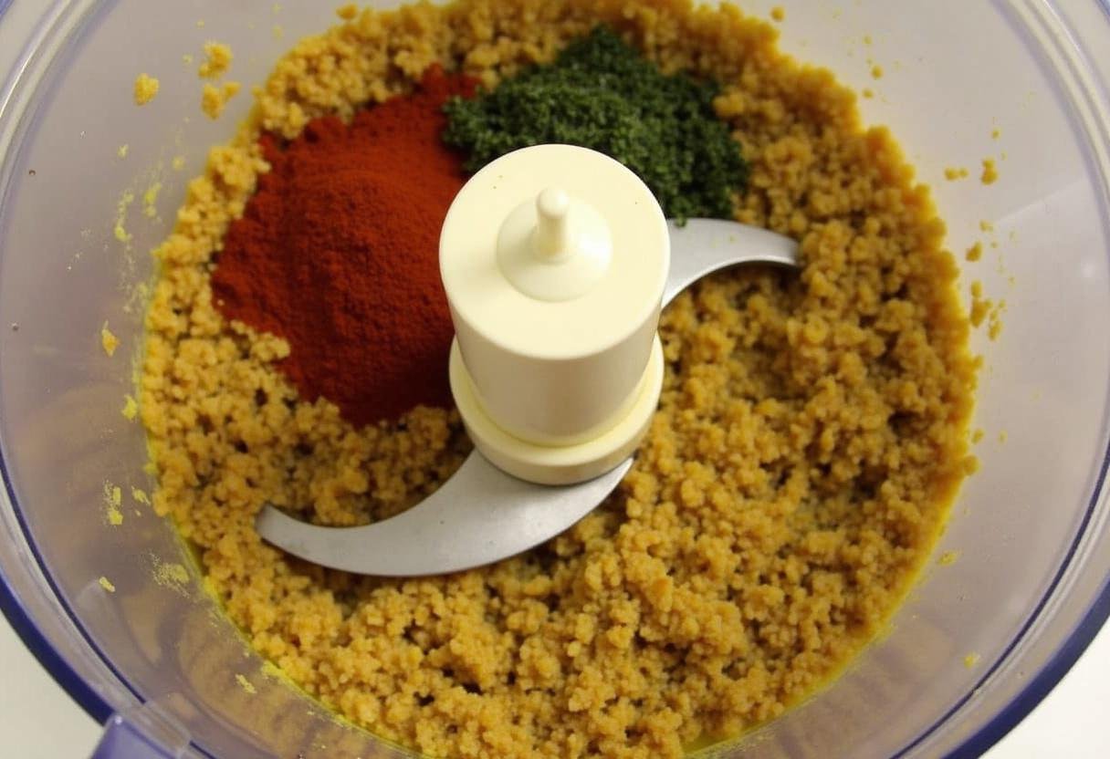 Mélange des lentilles avec des épices pour les saucisses lentilles au Thermomix.