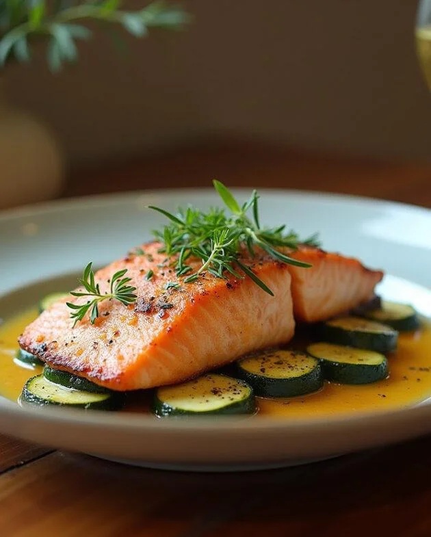 Présentation finale du saumon aux courgettes grillées, joliment décoré sur une table rustique avec un verre de vin blanc.