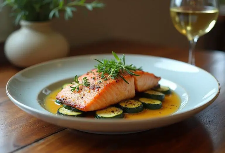 Présentation finale du saumon aux courgettes grillées, joliment décoré sur une table rustique avec un verre de vin blanc.
