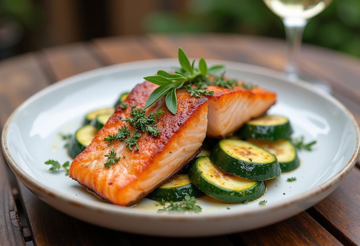 Présentation finale du saumon aux courgettes grillées, joliment décoré sur une table rustique avec un verre de vin blanc.